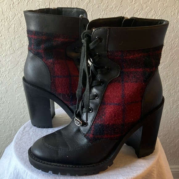 Coach: Hedy (G4236) Black & Red Flannel Lace Up Booties- Chunky Heel- 9 - Picture 1 of 16